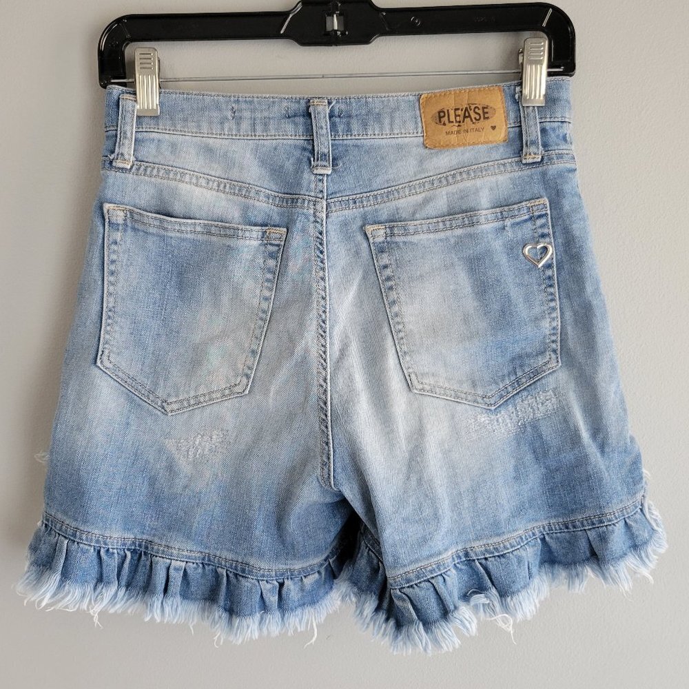 PLEASE Distressed Jean Shorts with ruffle bottom Size Small - Picture 3 of 7